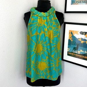 J. Crew turquoise & yellow tank top with braided neck detail